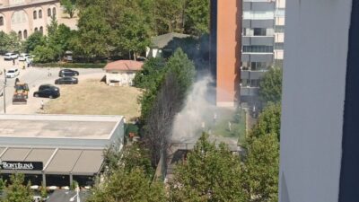 Bursa'nın merkezinde bir kafenin bulunduğu alandaki ağaçların alev alması, korku